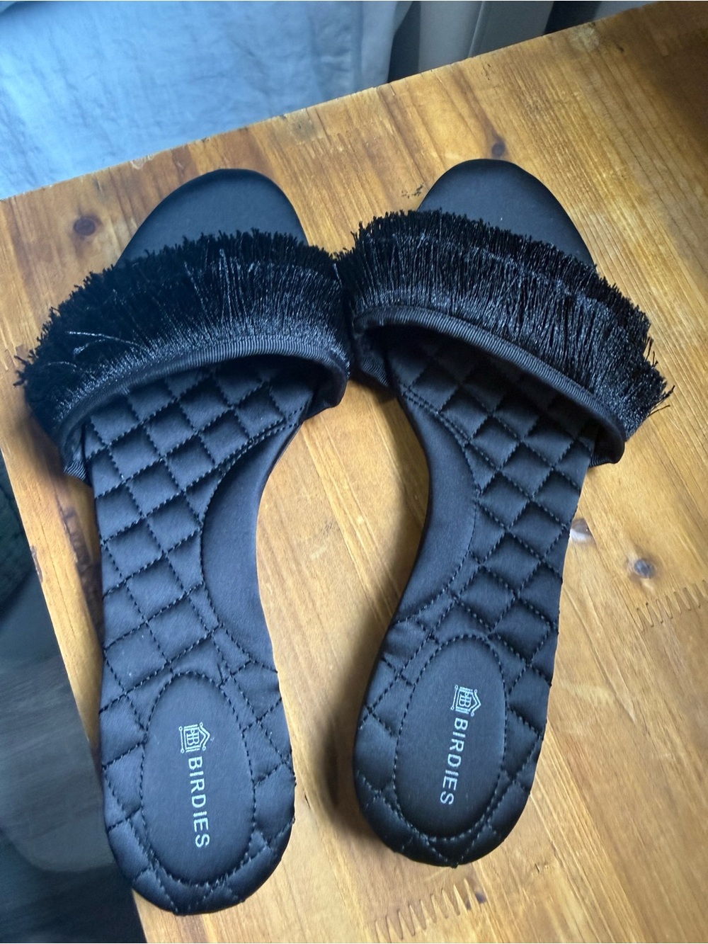 Birdies Black Quilted Fringe Slide Mules - Picture 2 of 3